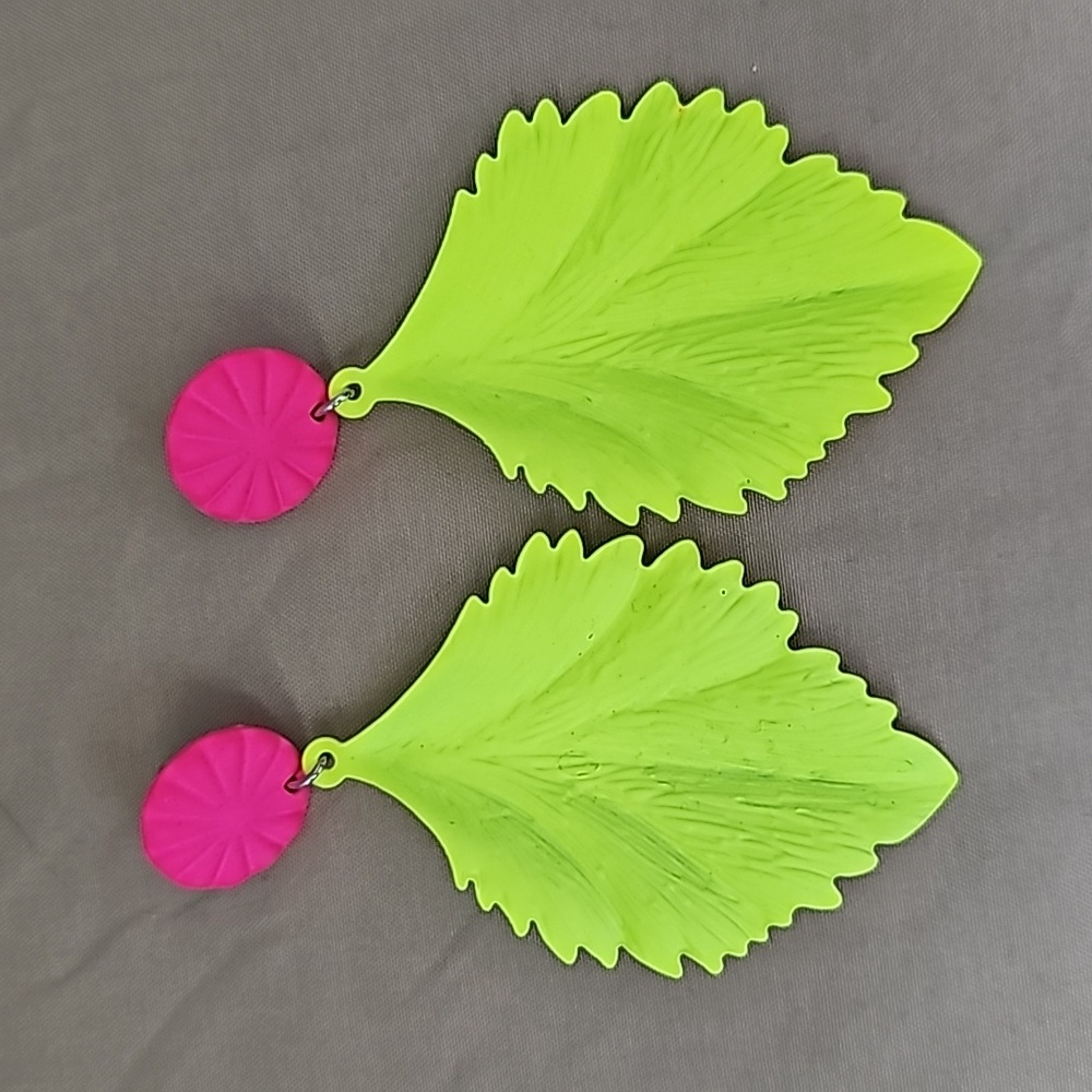 Hot pink neon yellow leaf dangle earrings